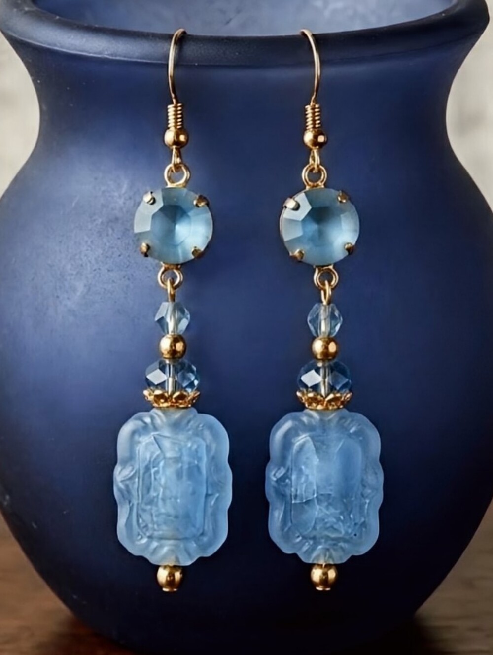 Victorian Milky Blue W/ Glowing Swarovski Crystal In Gold Plated Earrings